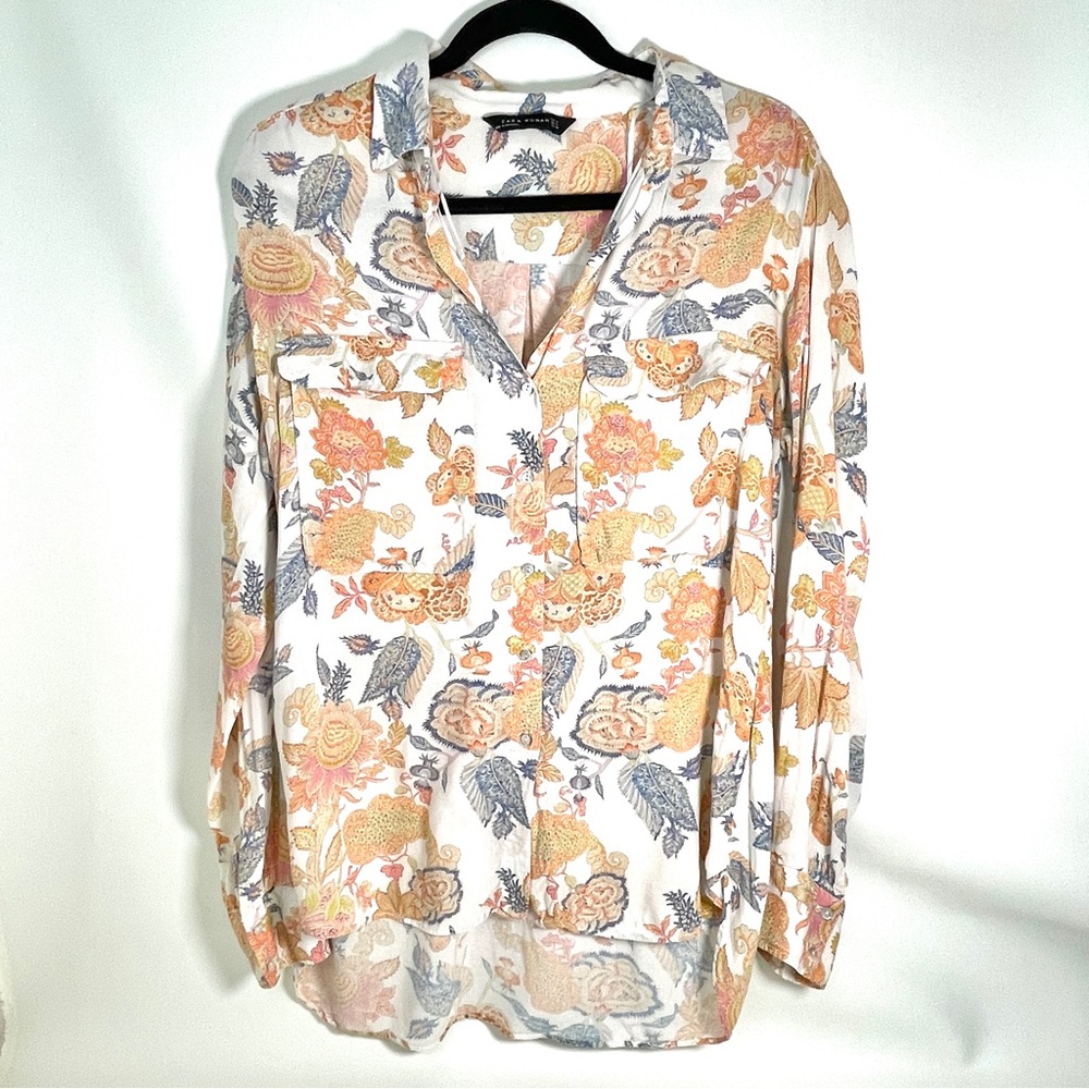Zara Cream and White Long Sleeve Notched Collar Blouse